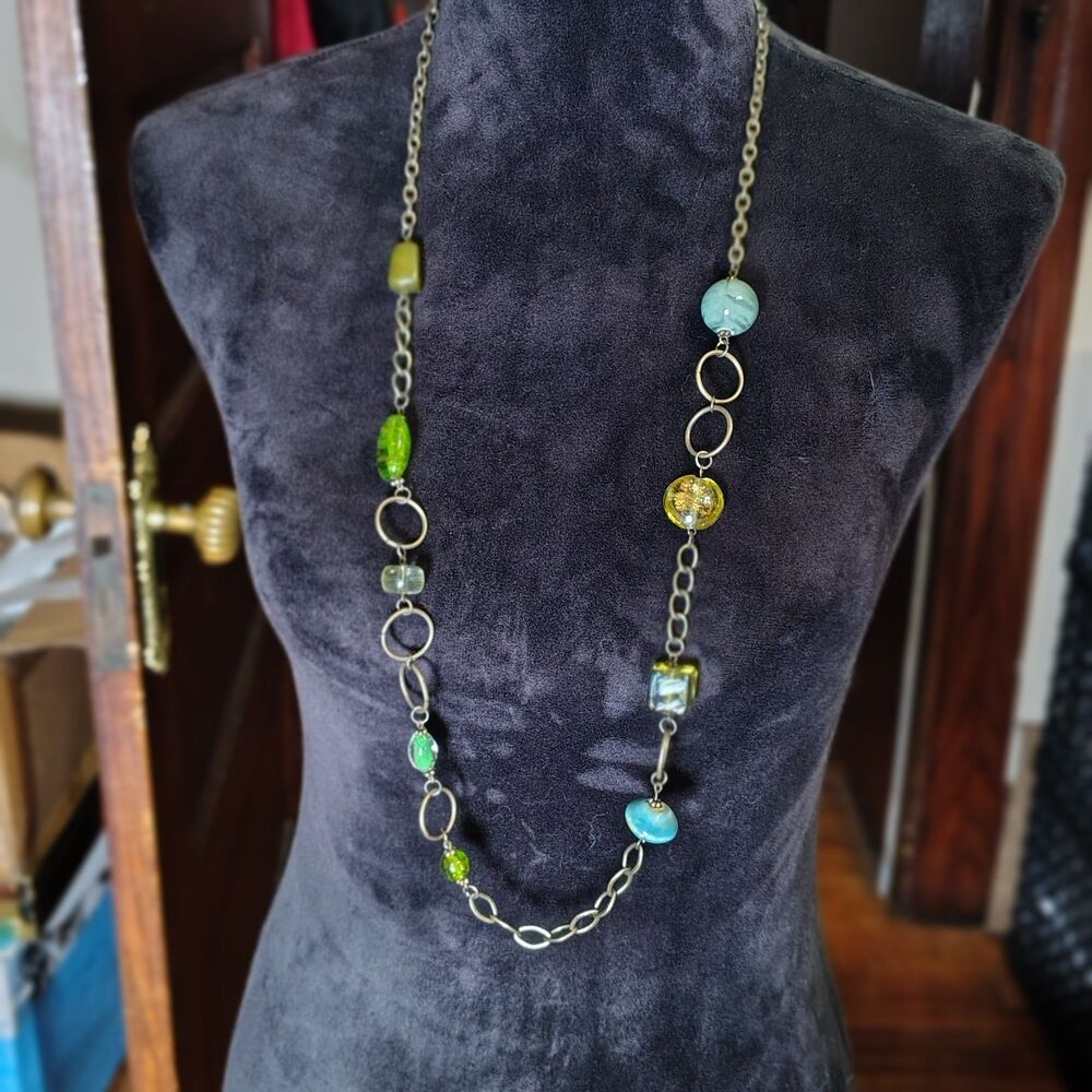 VTG Long Brassy Patina Inspired Chain Blue & Green Glass Beaded Necklace/J131